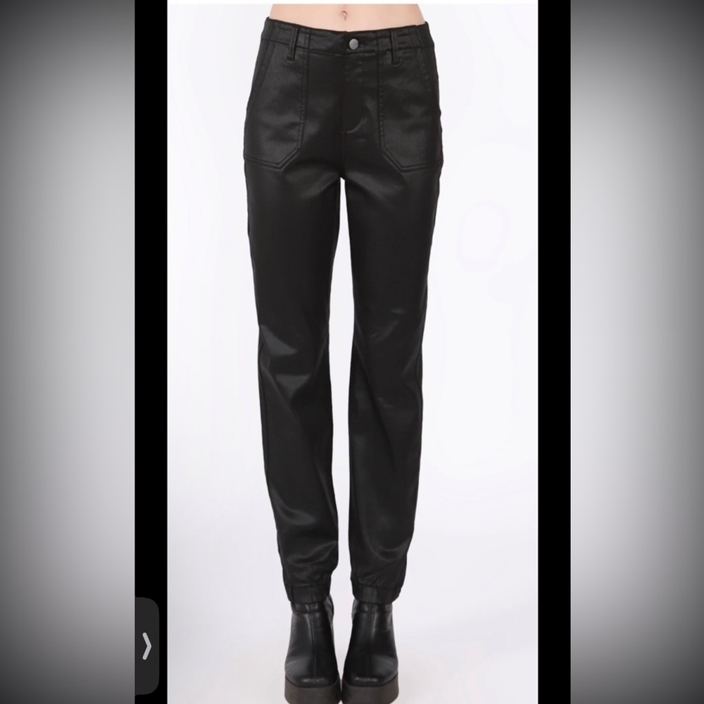 Dex NEW Sophia Black Coated High Rise Sexy Ankle Joggers Pocket Pants 25X28 $90